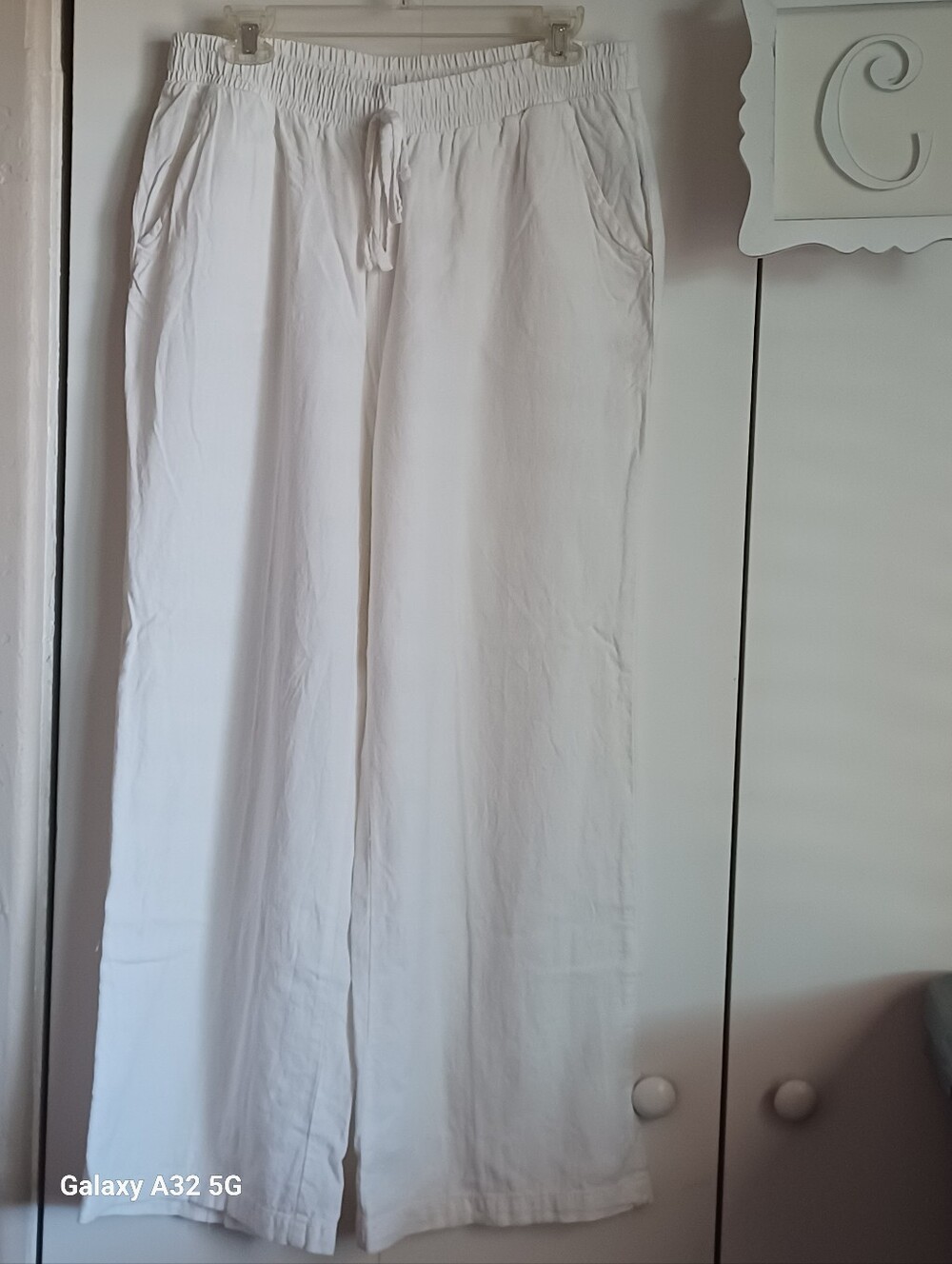 Briggs Womens Linen Blend Faux Drawstring Wide Leg White Pants Sz 14